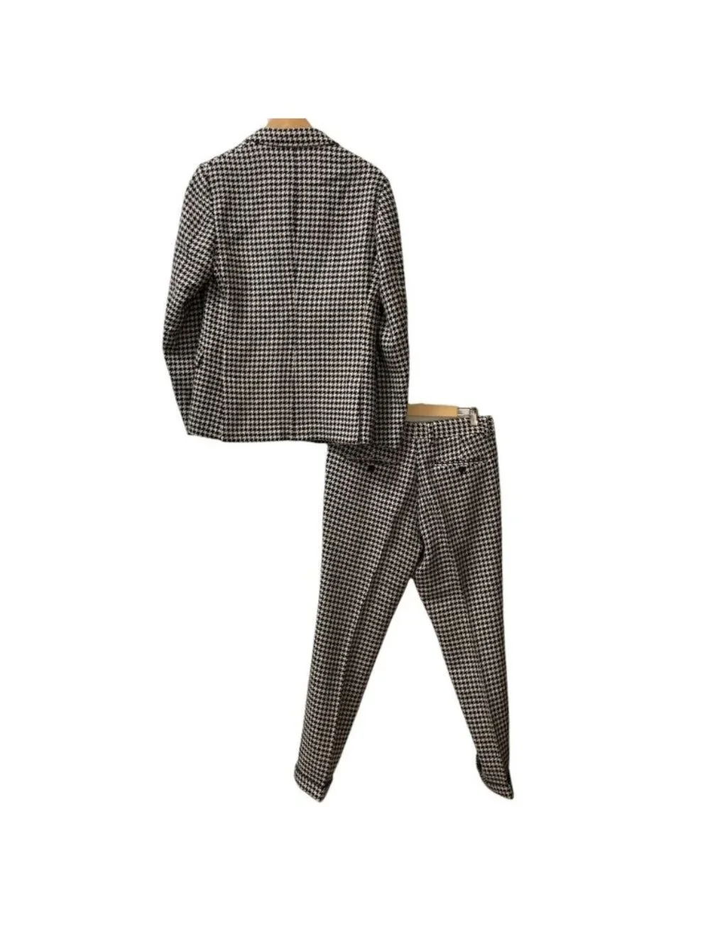 Gucci Wool Tweed Houndstooth Tailored Jacket Trousers Suit Set Black White